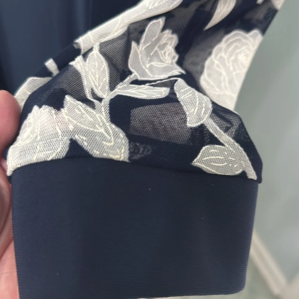 R&M Richards Navy White Dress & sheer Floral Jacket NWT 2 pieces Modest midi 
12 - Picture 11 of 15